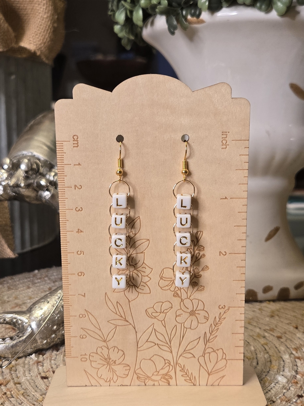 Hand Crafted Gold and White 'LUCKY' Letter Bead Drop Earrings